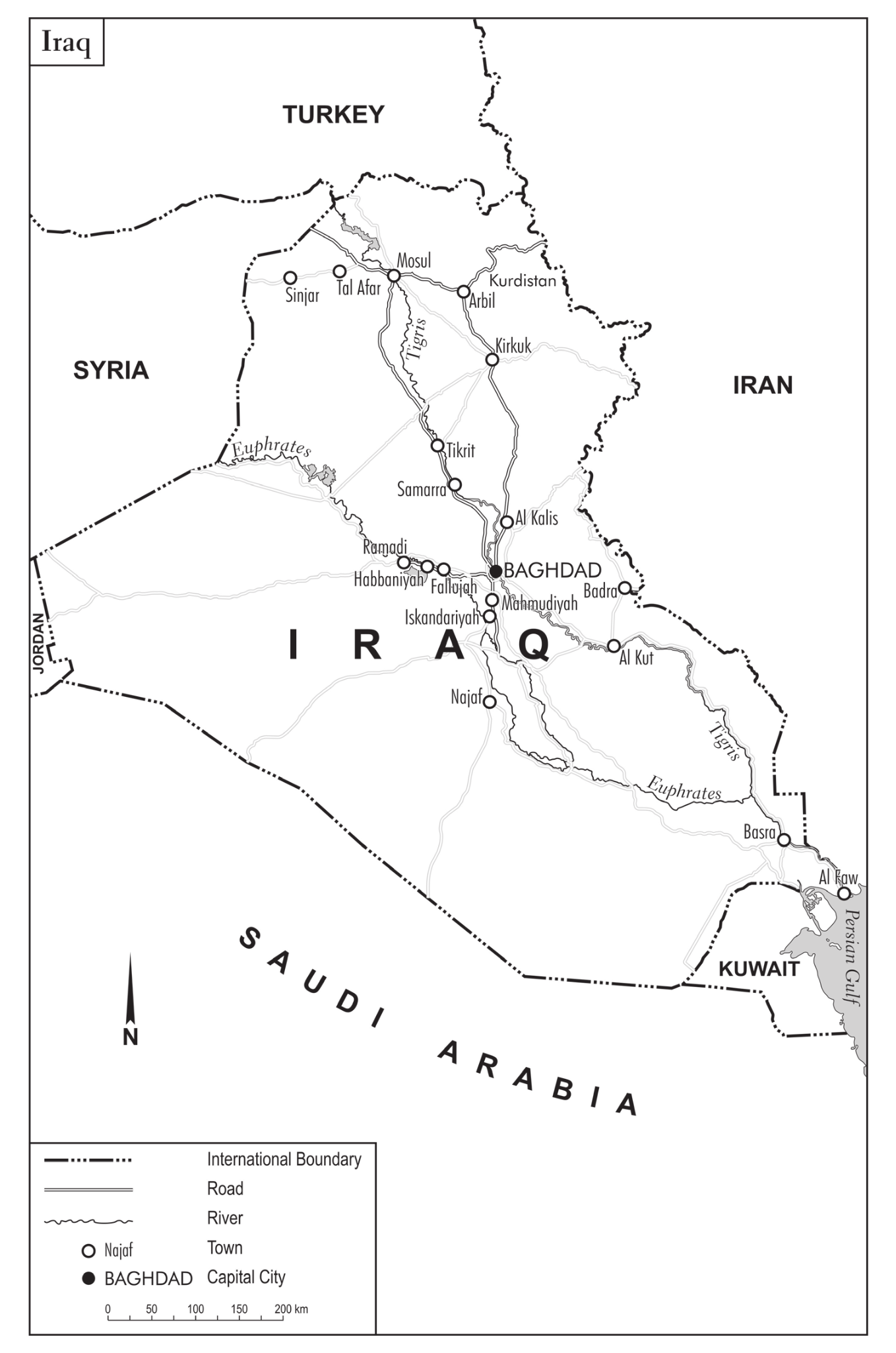 Map of Iraq showing key cities